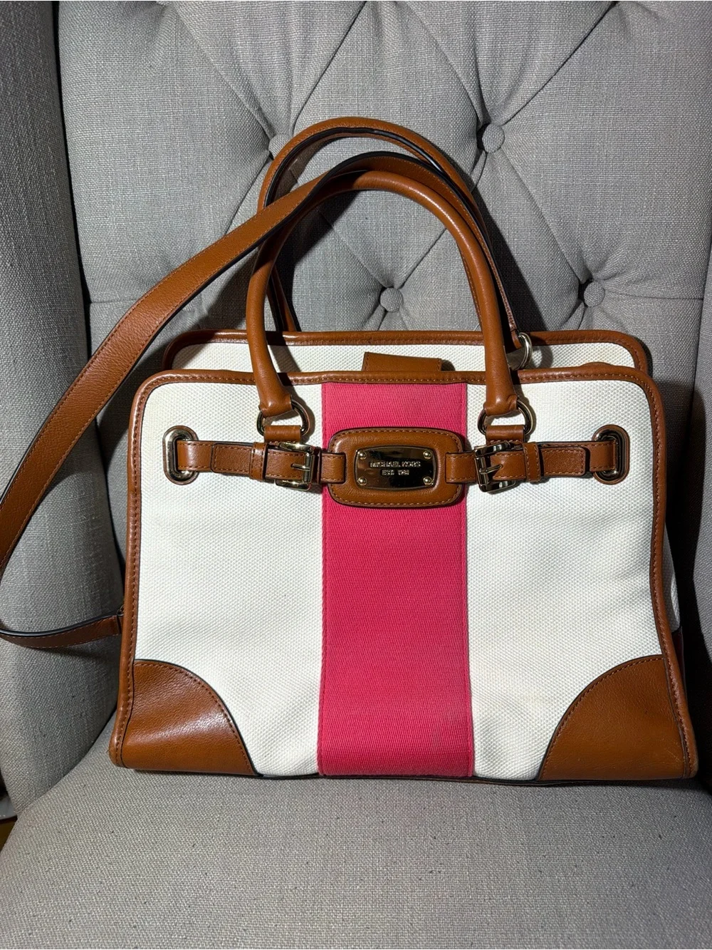 Michael Kors Hamilton Ivory Canvas Leather Trim Red Stripe Satchel Shoulder Bag